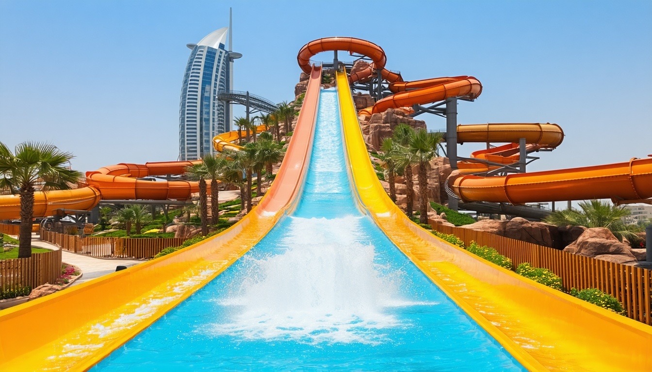 Towering water slides at Aquaventure World Dubai