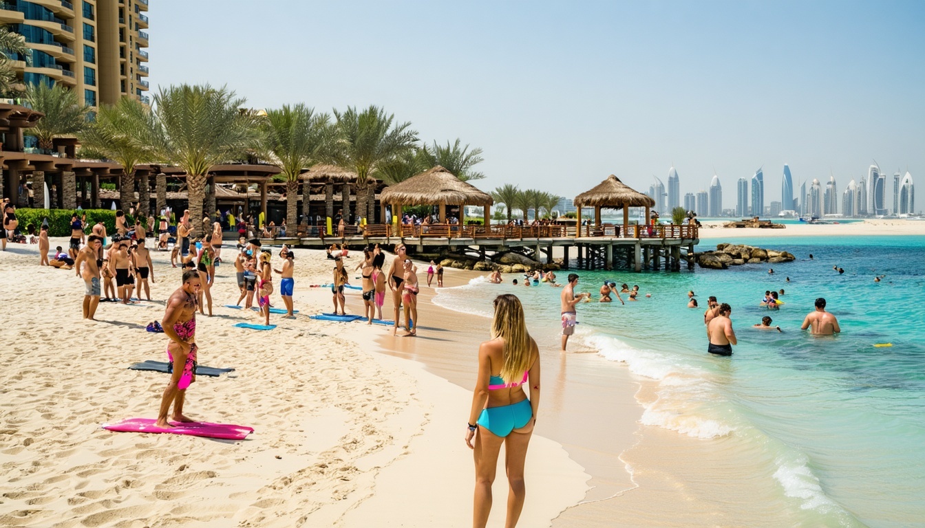 Guests enjoying the private beach at Aquaventure World Dubai