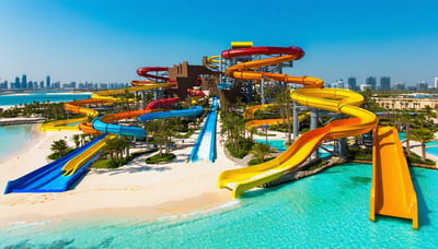 Aerial view of Aquaventure World Dubai with waterslides and beaches Aerial view of Aquaventure World Dubai with waterslides and beaches