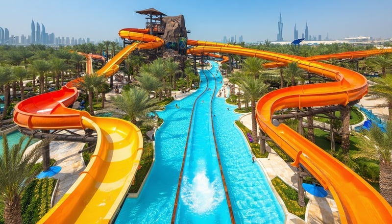 Aerial view of Aquaventure World Dubai showcasing thrilling water slides and attractions Aerial view of Aquaventure World Dubai showcasing thrilling water slides and attractions