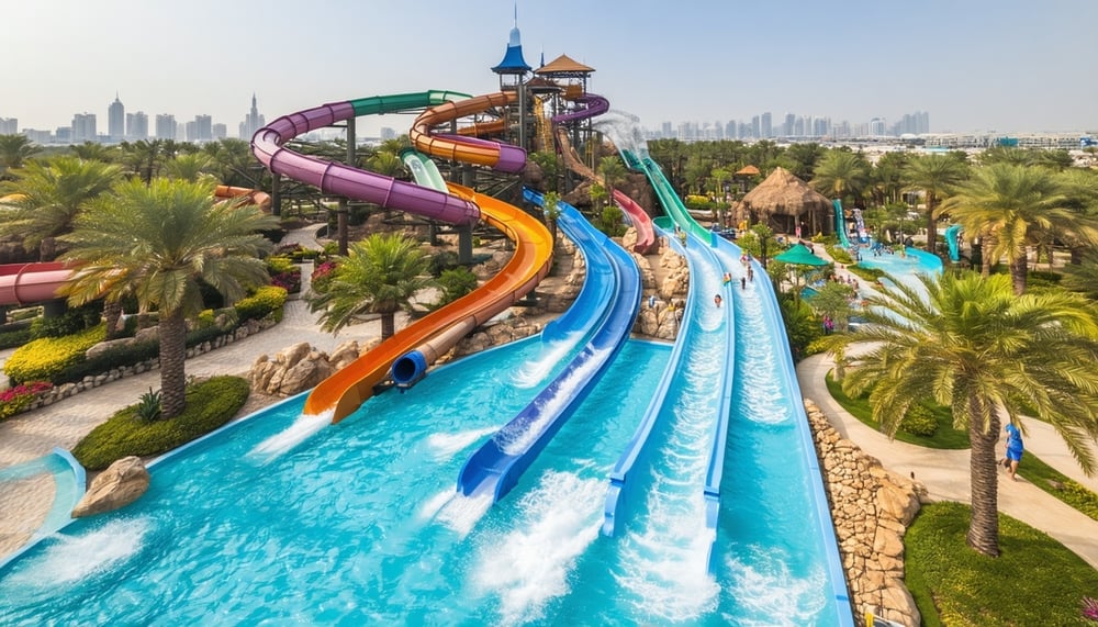 Aerial view of Aquaventure World Dubai with water slides and attractions Aerial view of Aquaventure World Dubai with water slides and attractions
